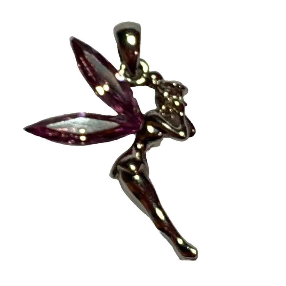Unbranded Fairy Stainless Steel‎ Charm Pink Crystal Encrusted Wings Pendant